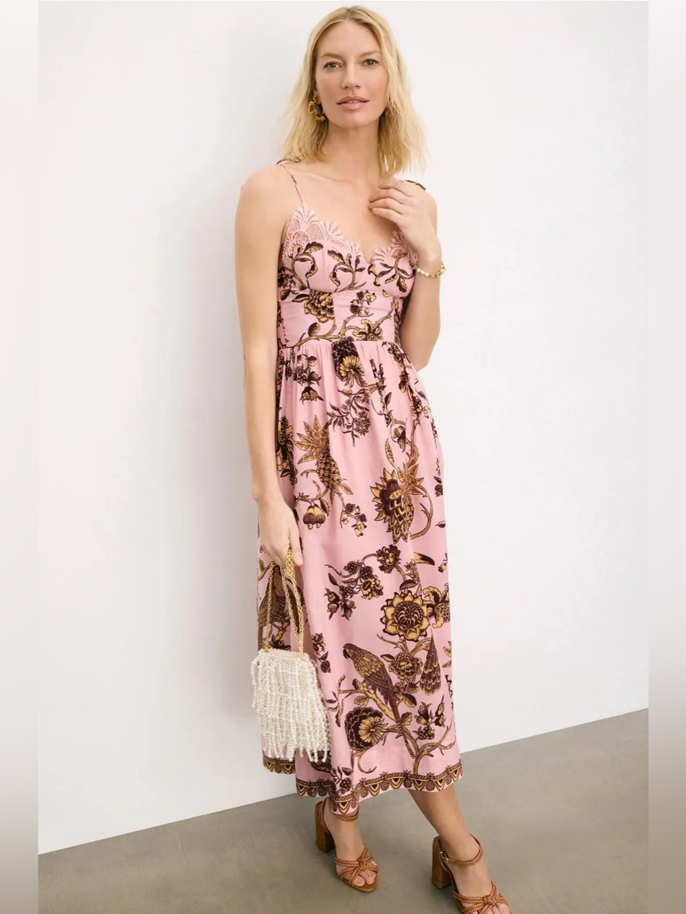 Farm Rio Tropical Pink Laces Midi Dress